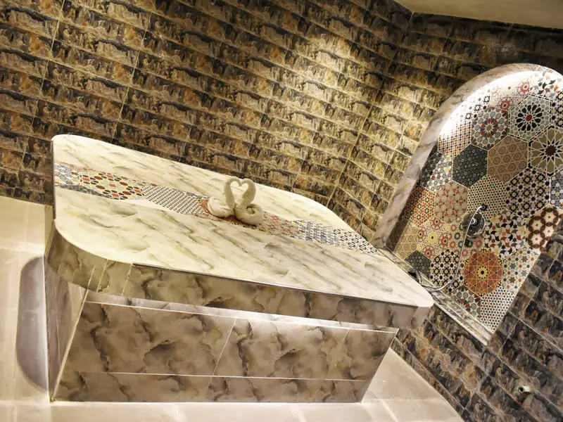 Heated marble hammam slab in the Moroccan Hammam at Facial Bar, Lagos
